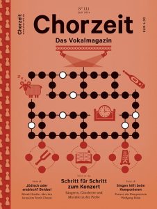 Chorzeit Nr. 111 (Januar 2024) Eine grafische Spielbrett-Illustration mit Symbolen wie Schaf, Uhr und Flasche. Die Ausgabe behandelt den Weg zum Konzert, jüdische und arabische Chormusik sowie Komponistenporträts.