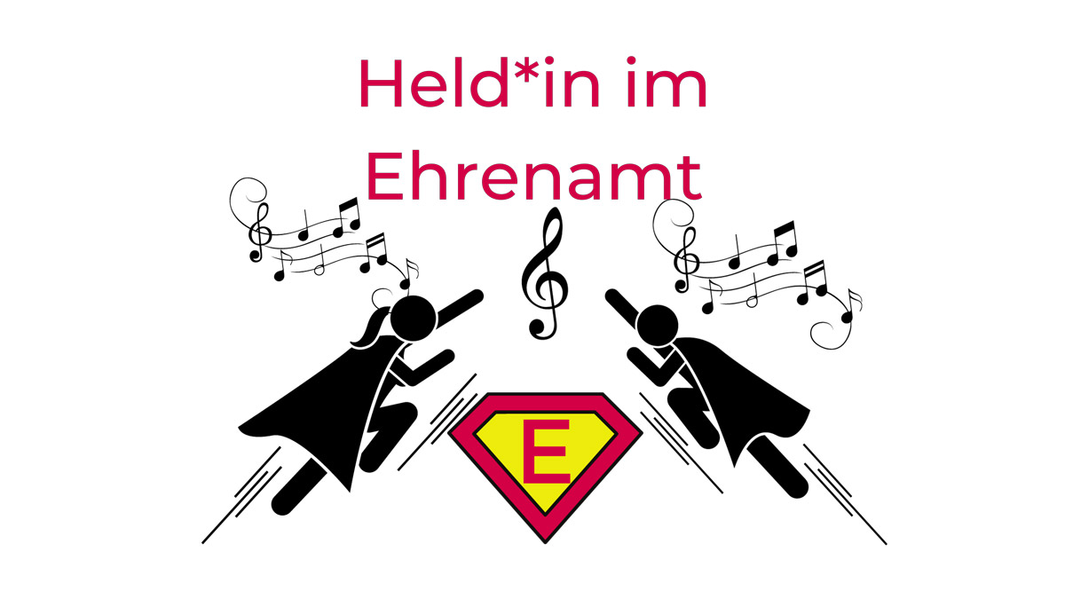Das Logo der Auszeichnung Held im Ehrenamt zeigt einen gezeichneten Superhelden und eine Superheldin im Flug mit Umhang. Daneben sind Noten und ein Notenschlüssel zu sehen und der Text Held oder Heldin im Ehrenamt.