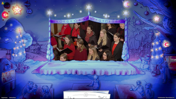 : Eine Zeichnung von einem Weihnachtsmarkt mit Sitzbänken und Buden. Im Zentrum ist eine Bühne. Auf der Bühne ist ein Video eingebettet.