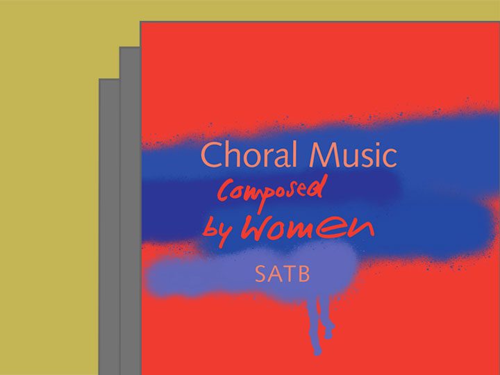 Das Orange Cover der Notensammlung mit dem Englischen Titel Choarl Music Composed by Women. Es hat lilafarbene Grafitti Linien auf einem grell orangen Hintergrund