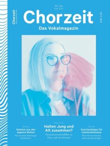 Chorzeit Nr. 110 (Dezember 2023) Eine Person mit hellem Haar und blauer Jacke ist doppelt belichtet, wodurch zwei Gesichter sichtbar werden. Themen sind Generationenkonflikte, Knabenchöre und Geschenktipps.