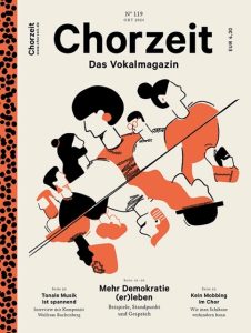 Chorzeit Nr. 119 (Oktober 2024) Eine grafische Illustration zeigt stilisierte Köpfe und Hände in Schwarz, Weiß und Rot, verbunden durch Linien. Die Ausgabe behandelt Demokratie und Mobbing im Chor.