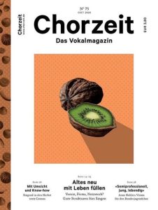 Chorzeit Nr. 75 (Oktober 2020) Eine Walnuss und eine halbierte Kiwi liegen nebeneinander auf orangefarbenem Hintergrund. Die Ausgabe thematisiert neue Strukturen für das Singen und verschiedene Chorformen.