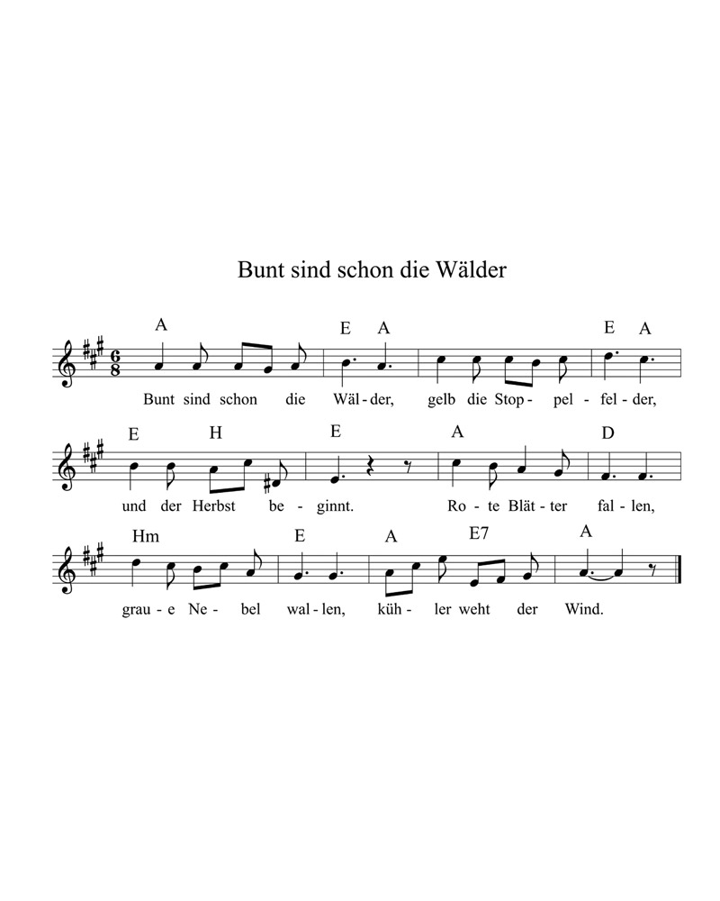 Ein Bild von Noten in einer Schrift, die sehende Menschen nutzen mit 5 Linien und schwarzen Noten. 