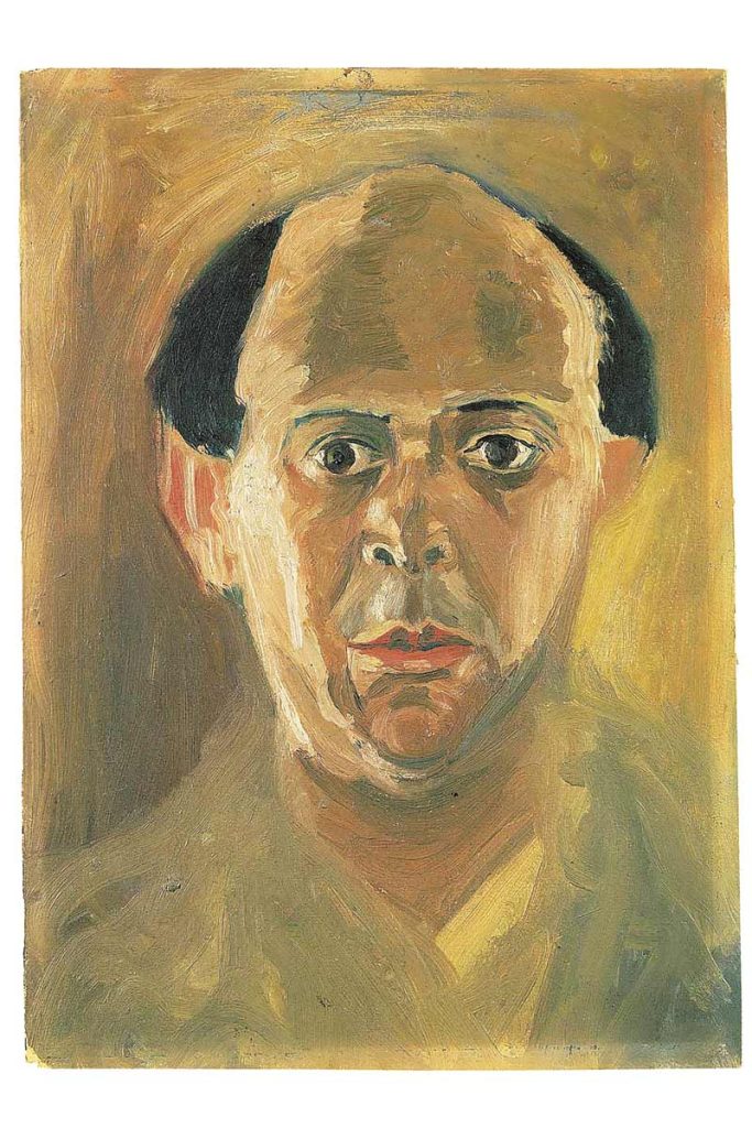 Ein farbiges Gemälde eines Mannes, der frontal geradeaus blickt. Er hat eine sehr hohe Stirn und rechts und links kurze schwarze, glatte Haare.