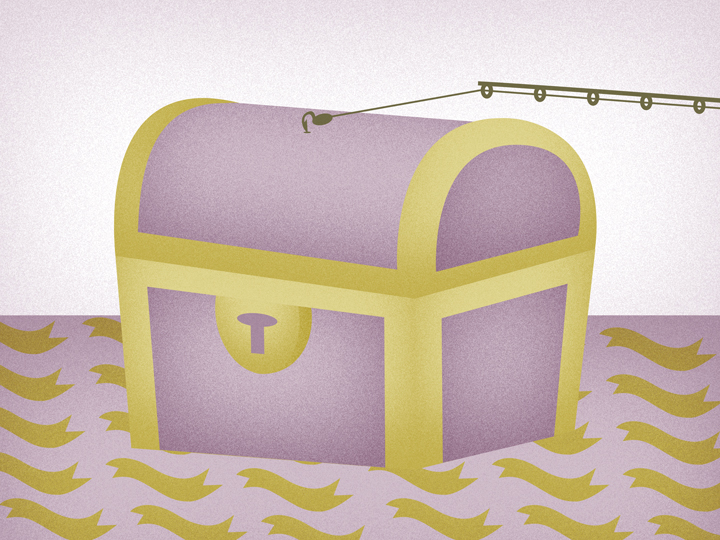 Die Illustration einer pinkfarbenen Schatzkiste, die mit einer Angel aus stilisierten goldenen Wellen gehoben wird.