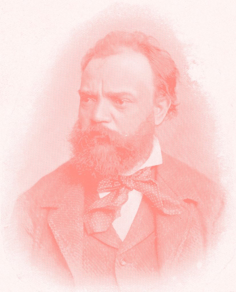 Der bärtige, mittelalte Antonin Dvorak, gekleidet in Hemd mit Binder, Weste und Sakko, aufgenommen im Portrait