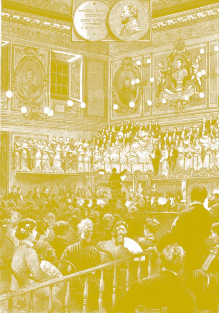 Das Gemälde eines voll besetzten Konzertsaals, ein musizierendes Orchester auf der Bühne