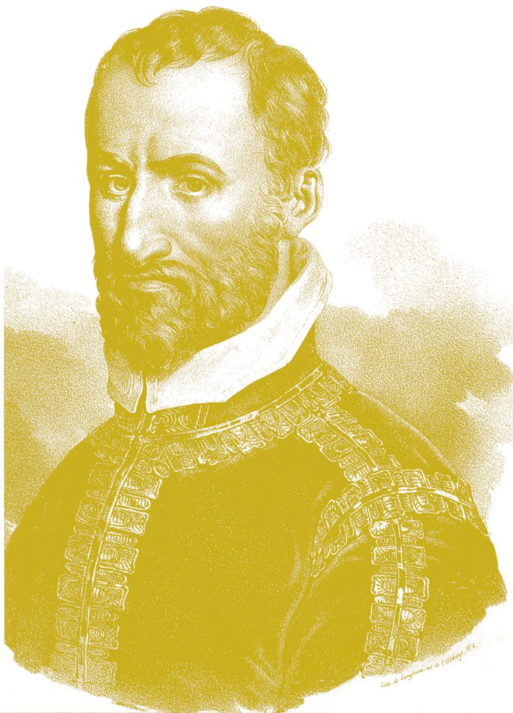 Palestrina als bärtiger Mann in reich verziertem Oberteil blickt zum Betrachter.