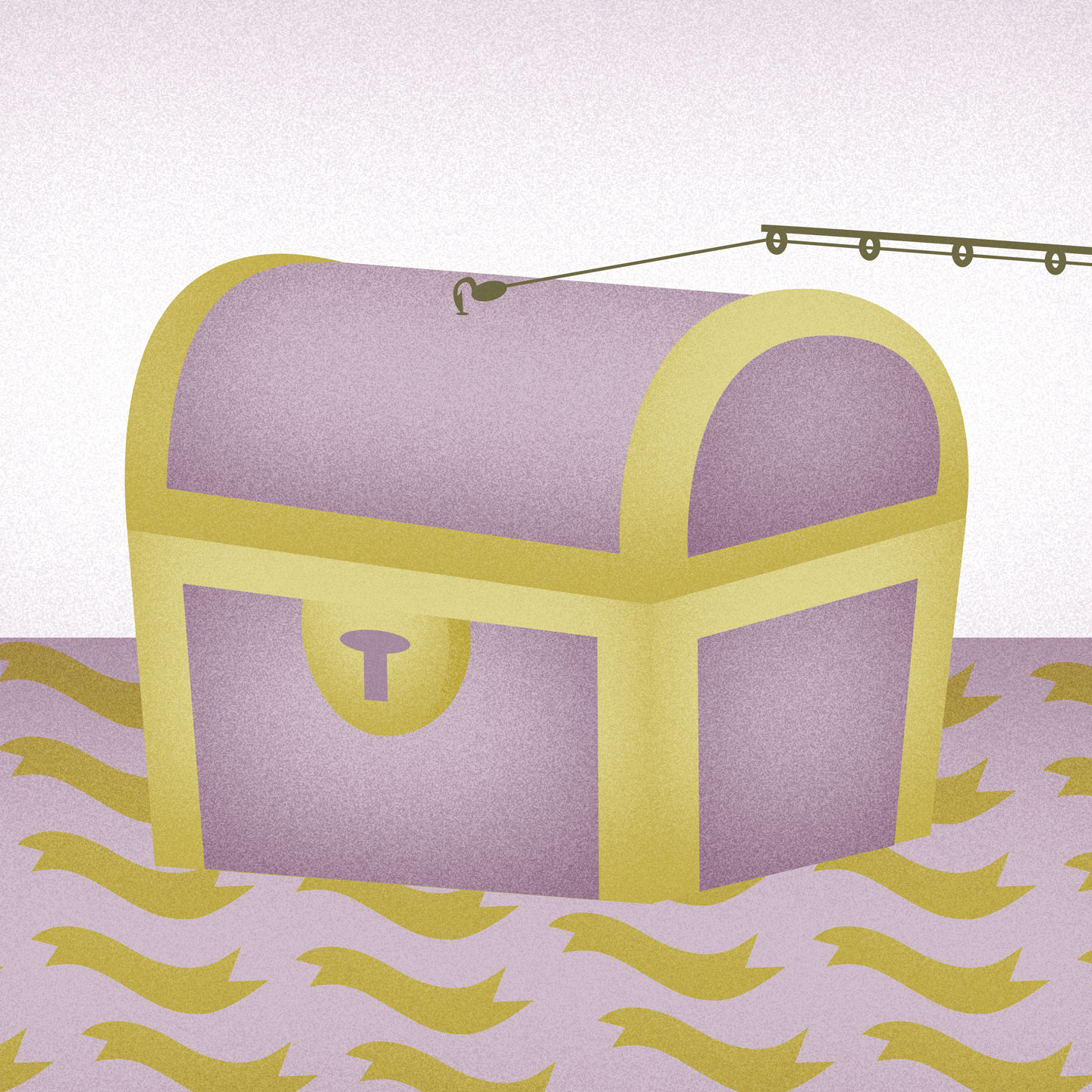 Die Illustration einer pinkfarbenen Schatzkiste, die mit einer Angel aus stilisierten goldenen Wellen gehoben wird.