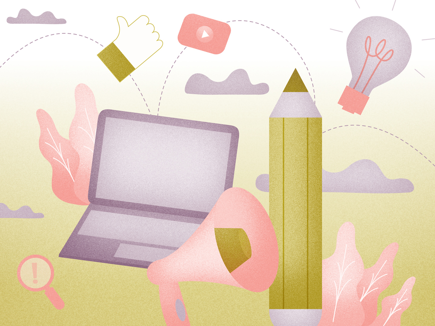 Eine Illustration mit einem Laptop, einem Stift, einer Glübirne, einer Lupe