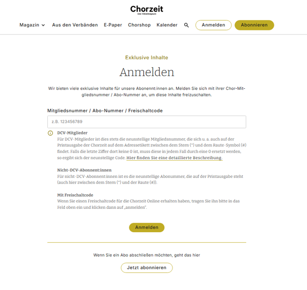 Die Seite zum Anmelden bei der Chorzeit Online als Bild. Es gibt ein Feld, in dem man die 9stellige Abonummer oder Vereinsnummer eintragen kann.