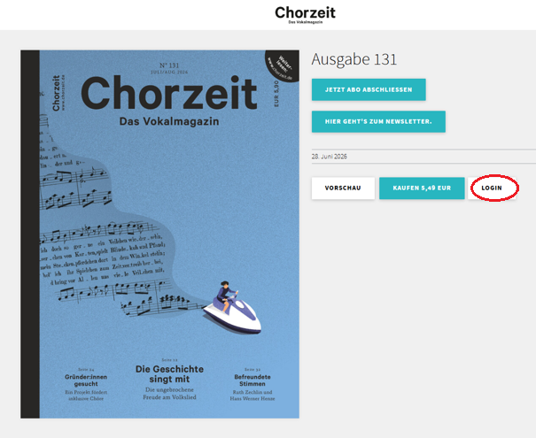 Das Cover der neuen Chorzeit. Daneben eine Schaltfläche mit mehreren Optionen. Die Option Login ist rot umrandet.