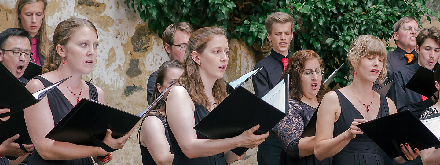 Auf hölzernen Podesten und vor einer Mauer mit Efeu stehen Sängerinnen und Sänger in schwarzer Konzertkleidung. Jede Person singt unterschiedlich, alle sind aber voll bei der Sache.