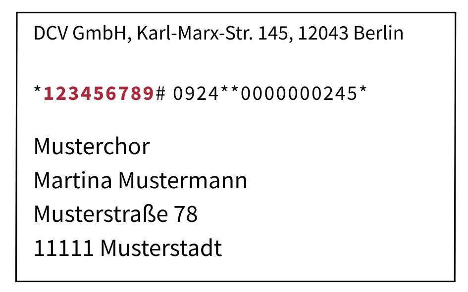 Ein Adressaufkleber mit Namen und Adresse einer ausgedachten Person. Oben auf dem Aufkleber steht eine neunstellige Zahl zwischen einem * und einem # Symbol.