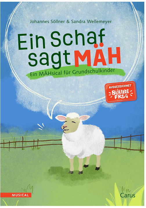 Das Cover der besprochenen Noten: ein weißes Schaf steht auf einer grünen Wiese und sagt "mäh"
